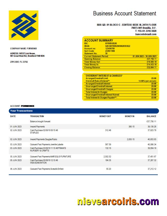 Banco do Brasil bank organization account statement